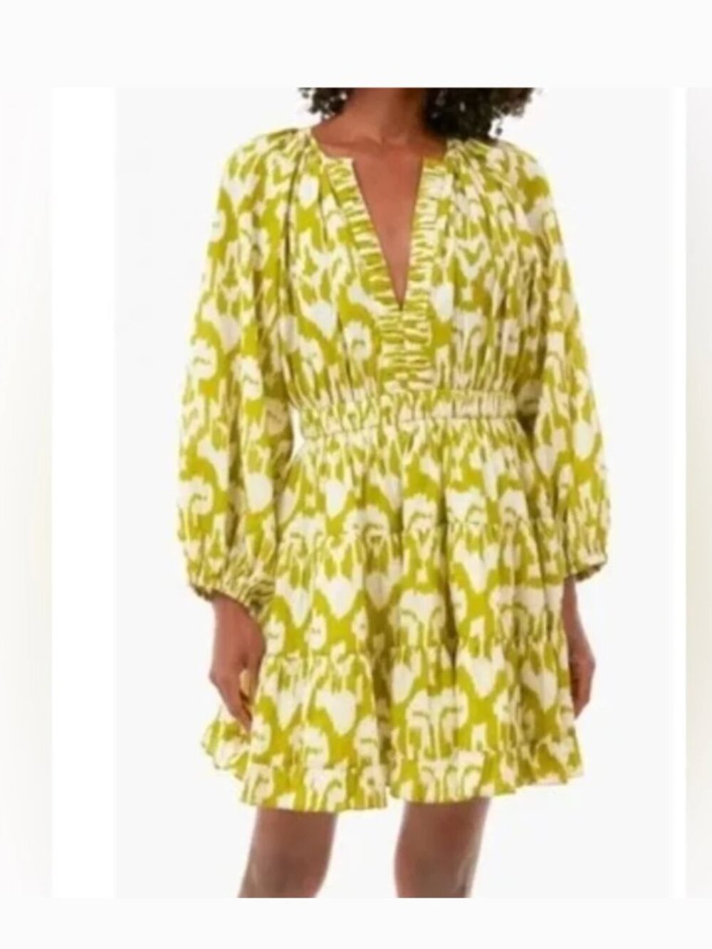 Charina Sarte Mila Tunic Mini Dress Green Ikat Print Long Sleeve V-Neck XS